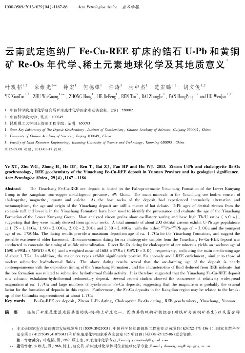 云南武定迤纳厂Fe-Cu-REE矿床的锆石U-Pb和黄铜 矿Re-Os年代学、稀土元素地球化学及其地质意义