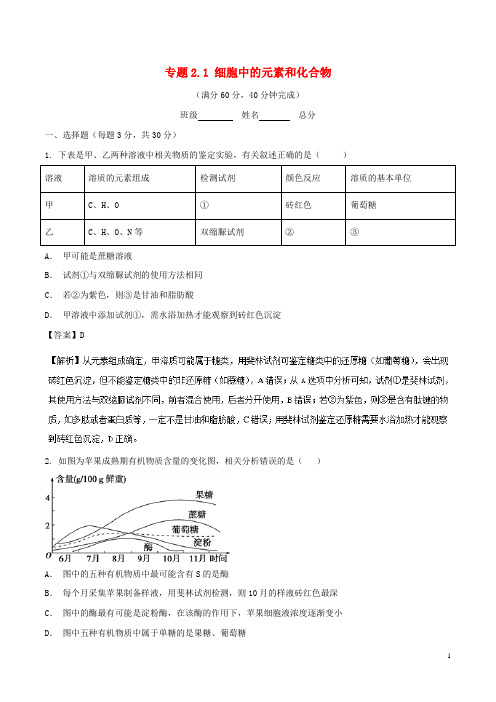 人教版2020高中生物 第二章专题2.1 细胞中的元素和化合物(测)(提升版)新人教版必修1