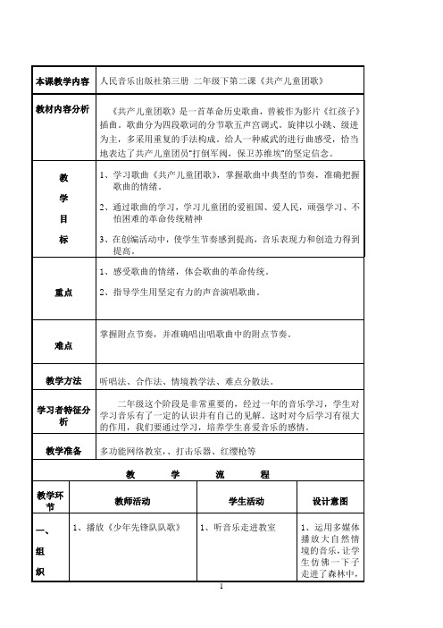 小学人音版二年级音乐下册（五线谱）第2课《共产儿童团歌》教学设计