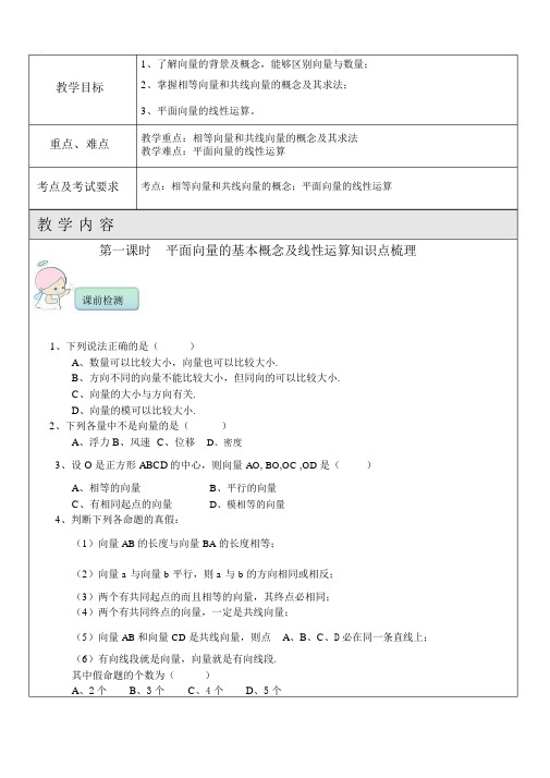 初中一对一精品辅导讲义：平面向量的基本概念及线性运算.docx