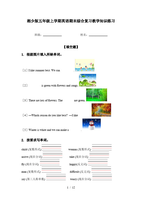 湘少版五年级上学期英语期末综合复习教学知识练习