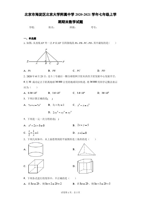 北京市海淀区北京大学附属中学2020-2021学年七年级上学期期末数学试题及参考答案