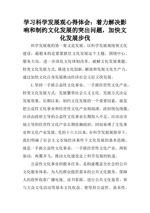 学习科学发展观心得体会:着力解决影响和制约文化发展的突出问题,加快文化发展步伐