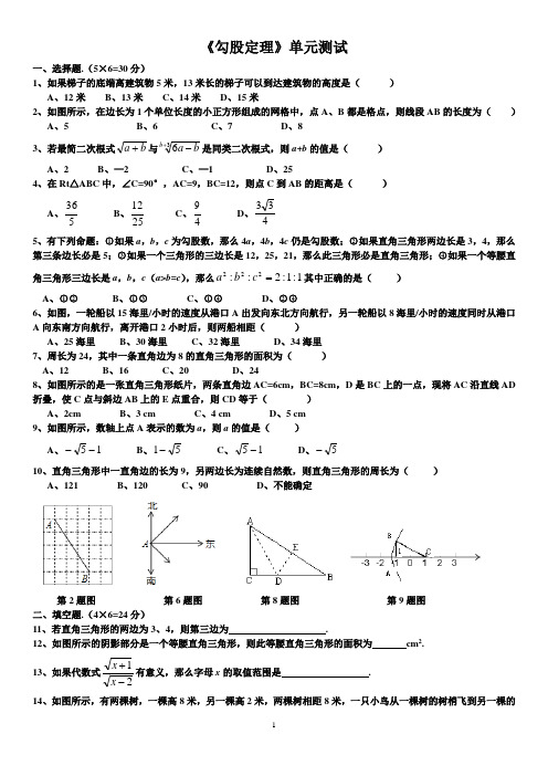 人教版八年级下册 第十七章《勾股定理》单元测试(无答案)