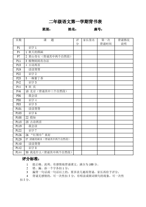 二年级语文第一学期背书表