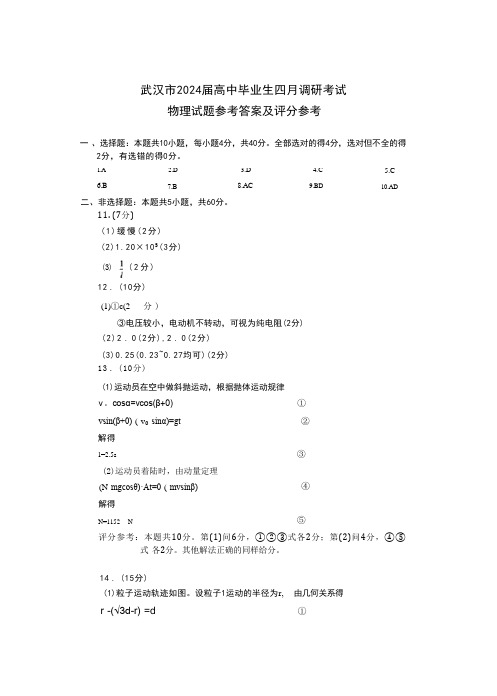 湖北省武汉市2024届高中毕业生四月调研考试物理武汉四调物理答案