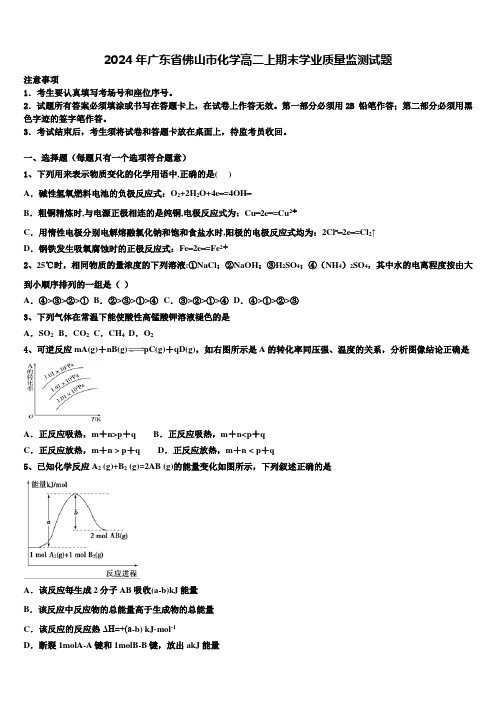 2024年广东省佛山市化学高二上期末学业质量监测试题含解析