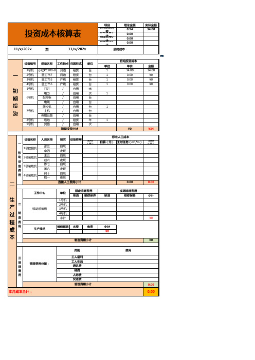 投资成本核算表Excel模板