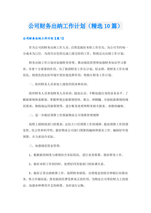 公司财务出纳工作计划(精选10篇)