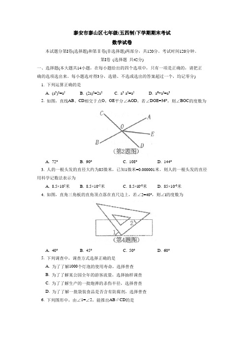 山东省七年级五四制下学期期末考试数学试题有答案