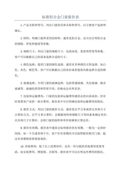 标准铝合金门窗报价表