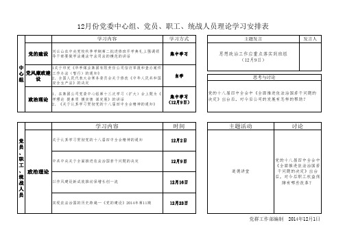 12月份党委中心组、党员、职工、统战人员理论学习安排表