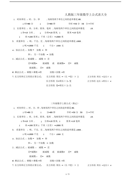 最新人教版三年级数学上公式表大全.docx