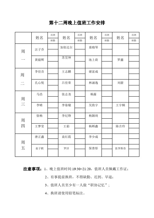 第十二周晚上值班表