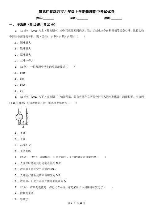 黑龙江省鸡西市九年级上学期物理期中考试试卷