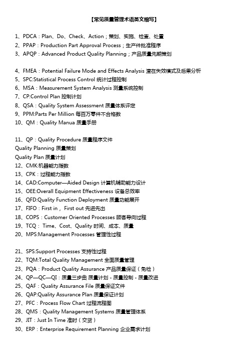 质量常用术语英文缩写