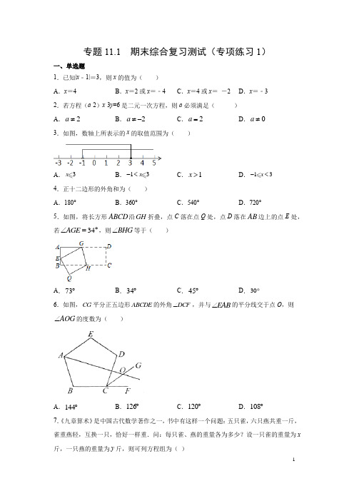 专题11.1 期末综合复习测试(专项练习1)-2020-2021学年七年级数学下(华东师大版)