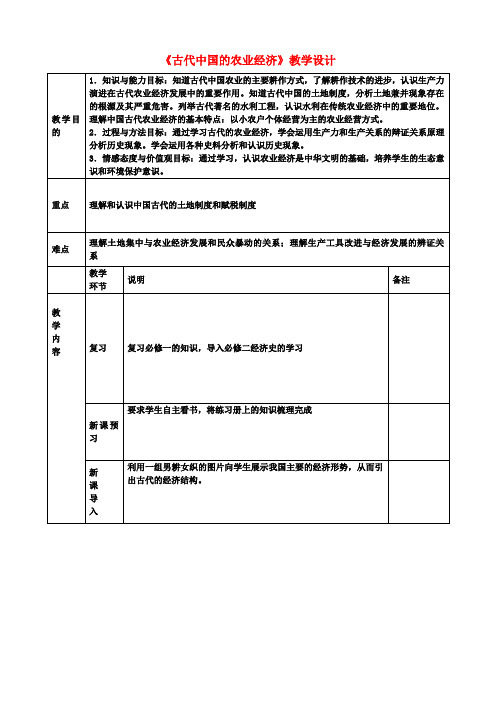 高中历史《古代中国的农业经济》教学设计人民版必修2