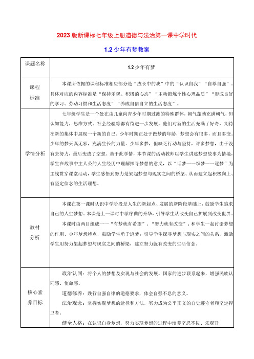 2022版新课标七年级上册道德与法治第一课中学时代第二课时少年有梦教案