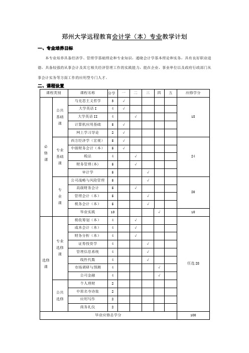 郑州大学远程教育会计学本专业教学计划
