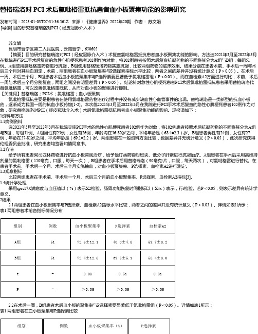 替格瑞洛对PCI术后氯吡格雷抵抗患者血小板聚集功能的影响研究