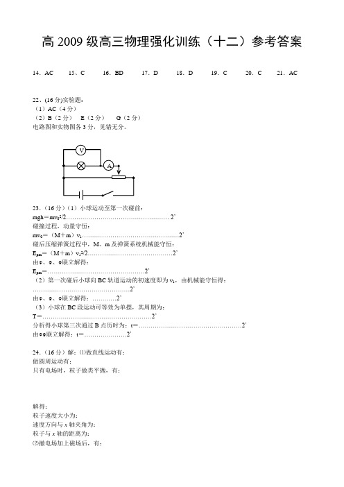 高2009级高三物理强化训练(十二)参考答案