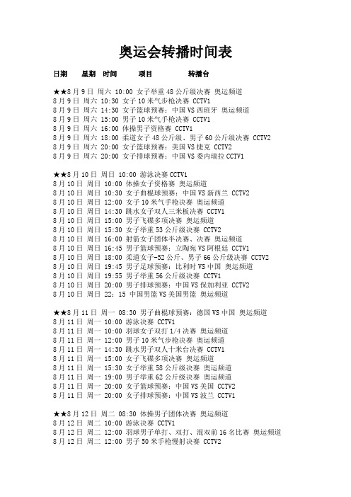 2012伦敦奥运会转播时间表