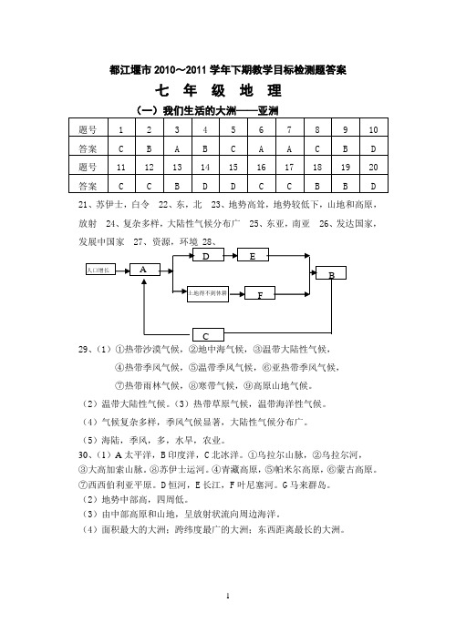 2010～2011学年下期七年级地理目标检测题答案1