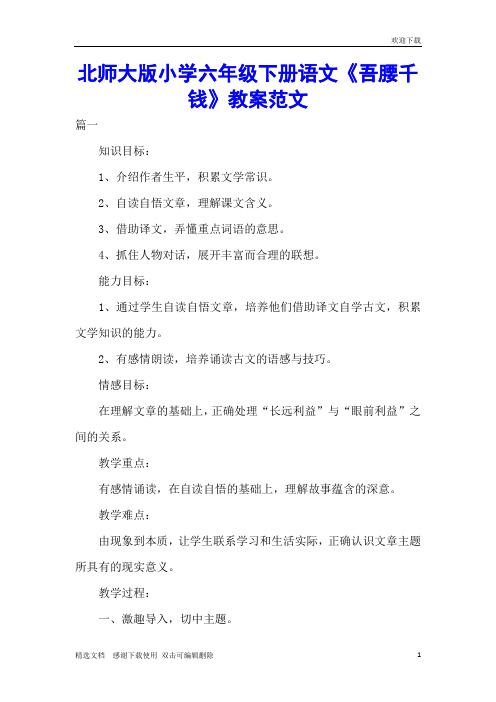 北师大版小学六年级下册语文《吾腰千钱》教案范文