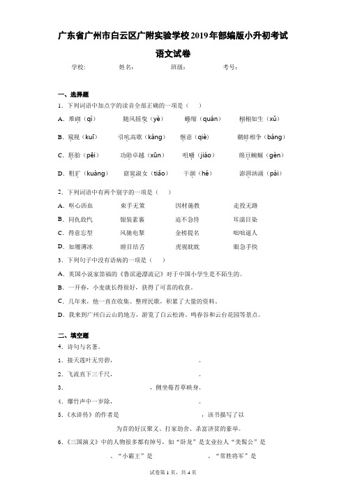 广东省广州市白云区广附实验学校2019年部编版小升初考试语文试卷(含答案解析)