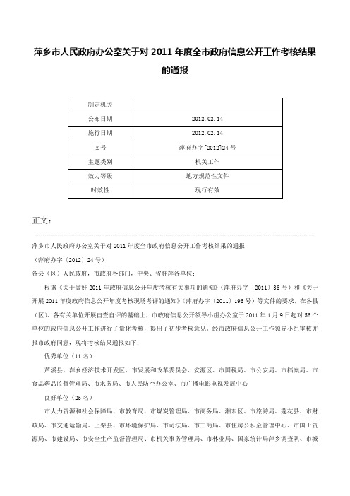 萍乡市人民政府办公室关于对2011年度全市政府信息公开工作考核结果的通报-萍府办字[2012]24号