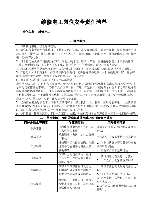 维修电工岗位安全责任清单