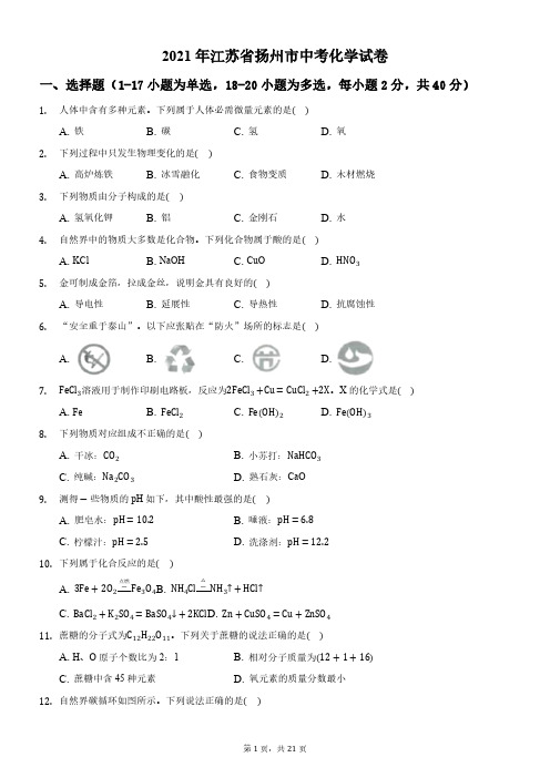 2021年江苏省扬州市中考化学真题(解析版)