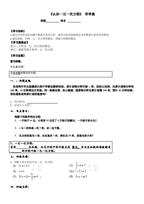 初中数学七年级上册第五章 一元一次方程《认识一元一次方程》导学案 