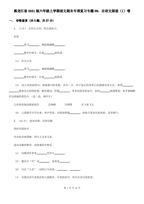 黑龙江省2021版六年级上学期语文期末专项复习专题09：古诗文阅读(I)卷