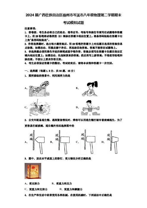 2024届广西壮族自治区梧州市岑溪市八年级物理第二学期期末考试模拟试题含解析