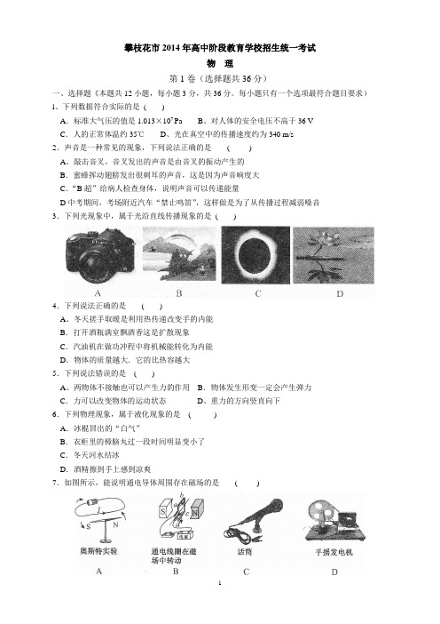 最新整理四川省攀枝花市2014年中考物理试题(word版_含答案)