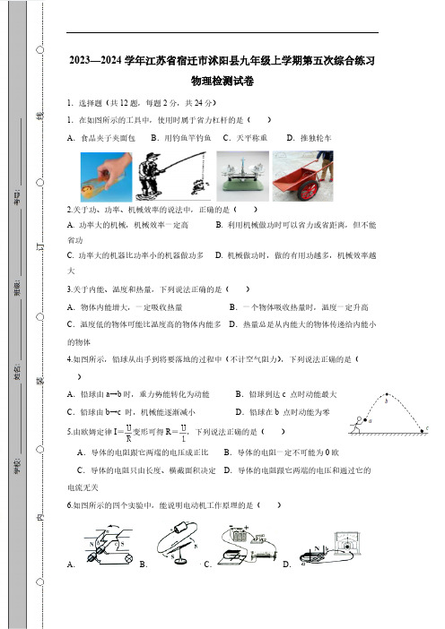 2023-2024学年江苏省宿迁市沭阳县九年级上学期第五次综合练习物理检测试卷(有答案)