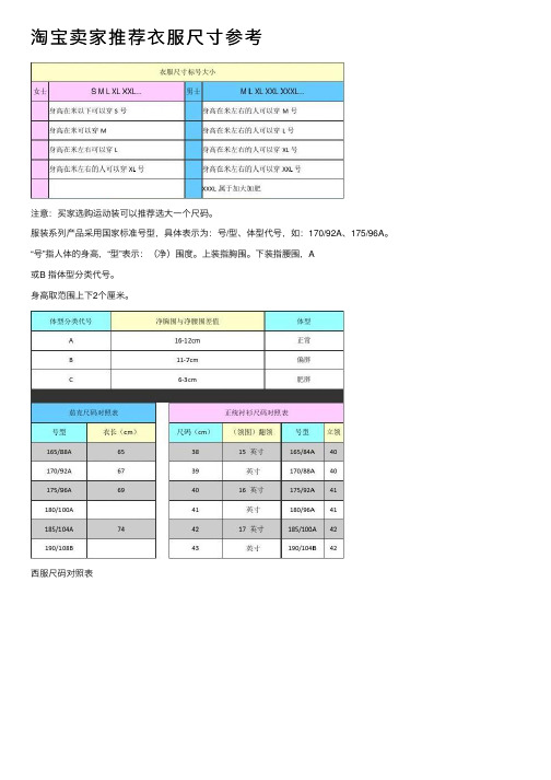 淘宝卖家推荐衣服尺寸参考