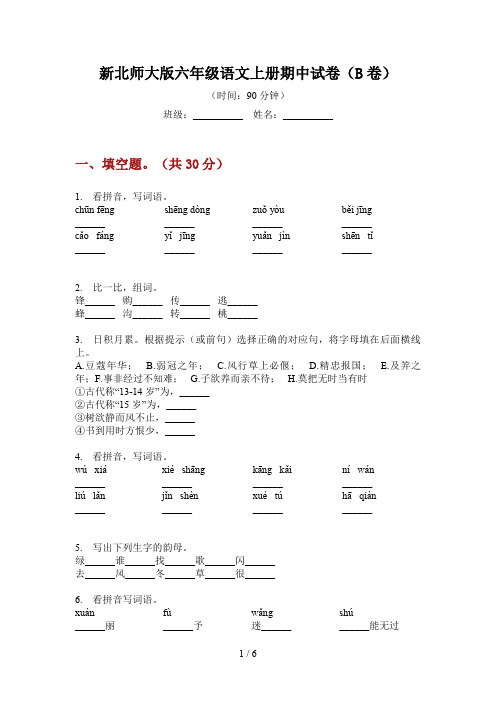 新北师大版六年级语文上册期中试卷(B卷)