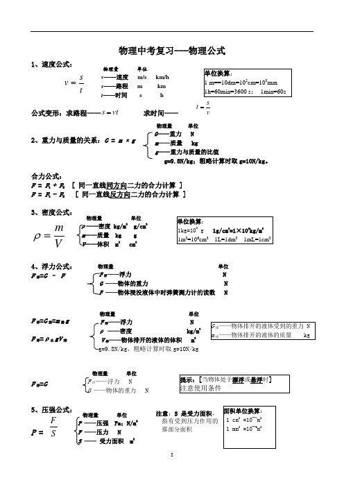 初中物理公式大全(中考复习)