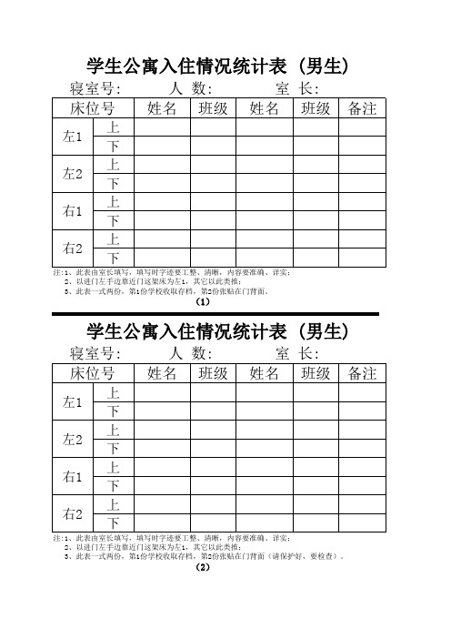 学生公寓入住情况登记表