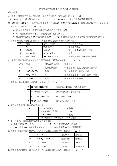 中考化学【除杂质】典型真题及答案