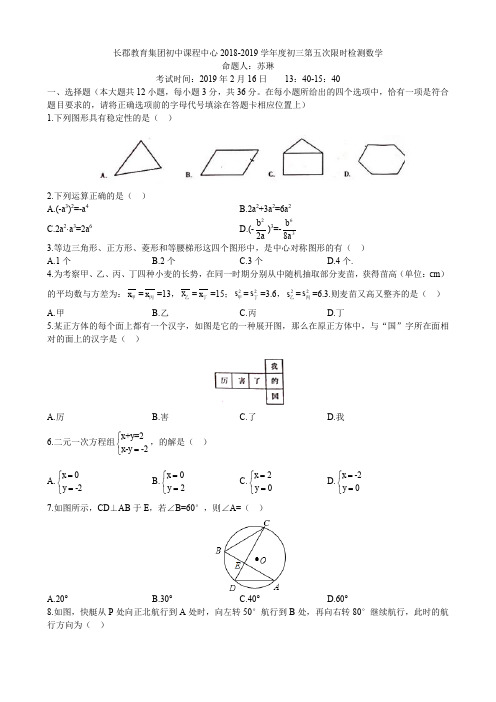 长郡教育集团初中课程中心2018-2019学年度初三第五次限时检测数学