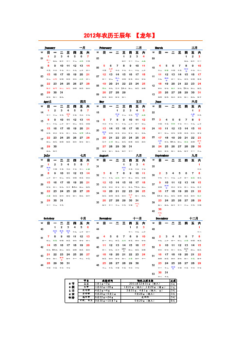 2012日历(Excel2003,周,节日,25开纸)