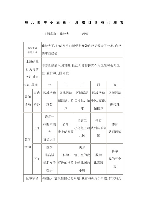 中小班周计划表