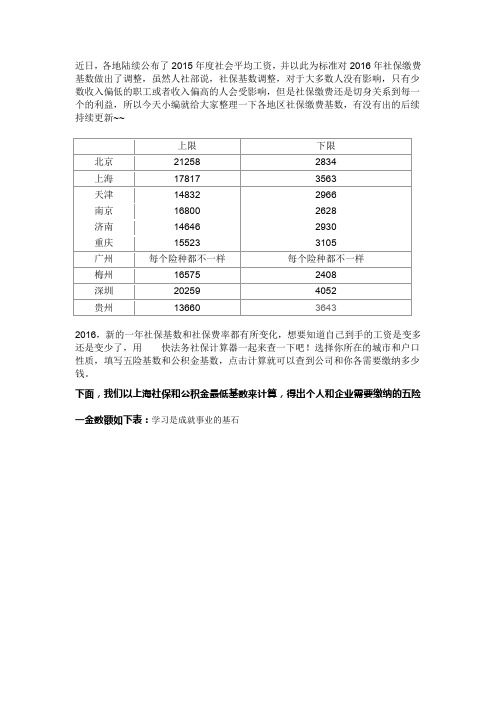 2016年各地区社保缴费基数一览