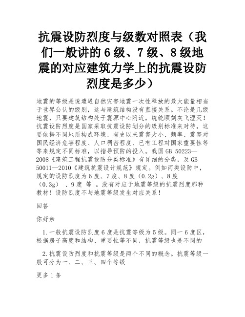 抗震设防烈度与级数对照表(我们一般讲的6级、7级、8级地震的对应建筑力学上的抗震设防烈度是多少)