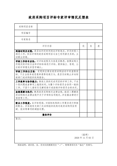 政府采购项目评标专家评审情况反馈表