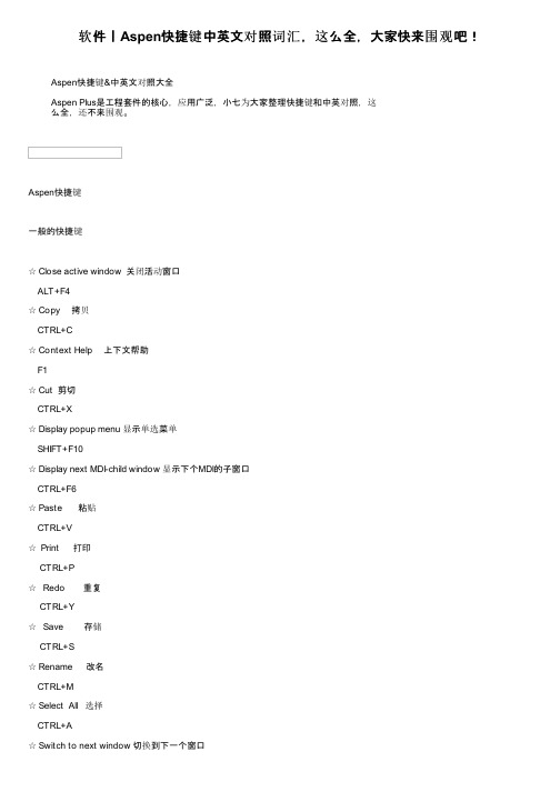 软件丨Aspen快捷键中英文对照词汇，这么全，大家快来围观吧！